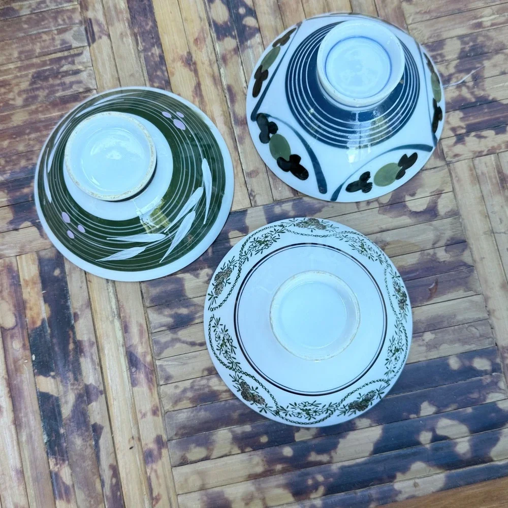 Assortment of 3 Japanese Rice Bowls Floral & Striped Patterns Hand-Painted Style